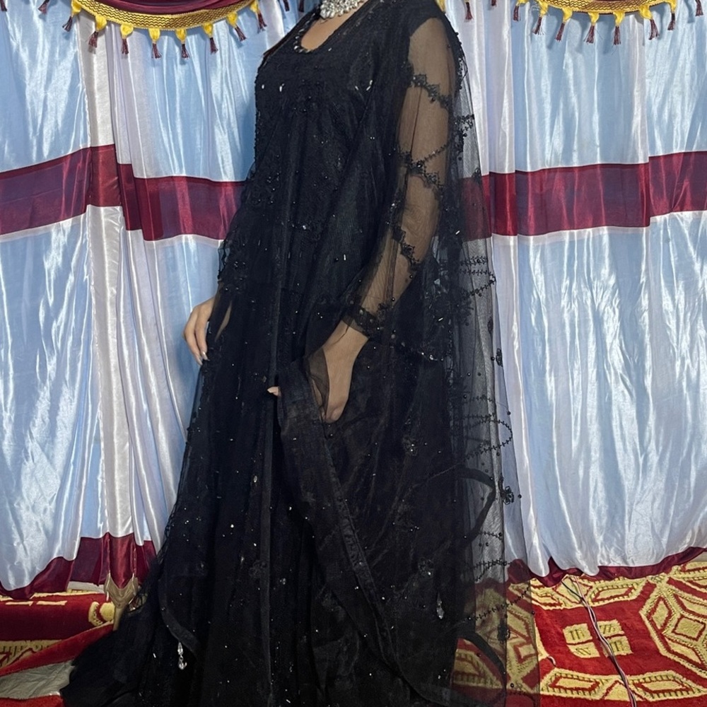 Heavy Black Lengha with Black Embroidery and Matching Dupatta